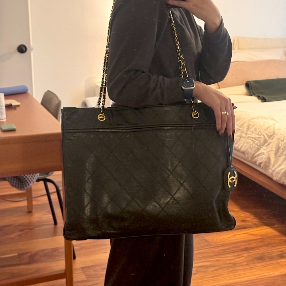 Authentic Vintage Chanel XL Lambskin Tote With Gold Chain